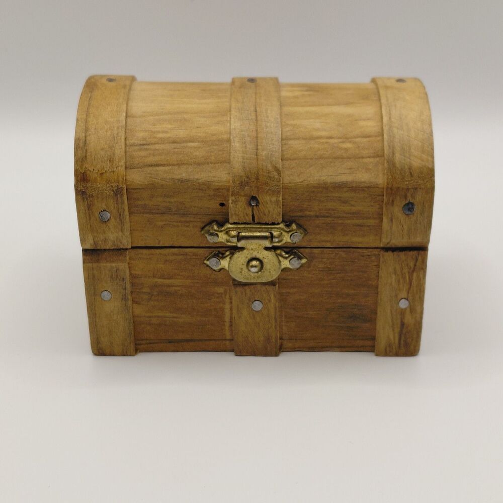 Vintage Mini Wood Treasure Chest Trinket Box 3.5 X 2.5 X 2 Inches